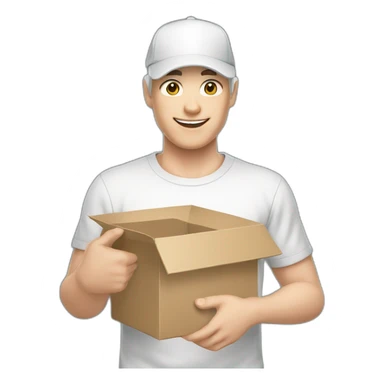 Pale skinned Man in a white cap and gray T-shirt with a box into his hands sticker