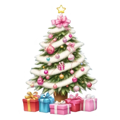 Christmas tree with pink and white decorations and lights with preppy gifts underneath  sticker