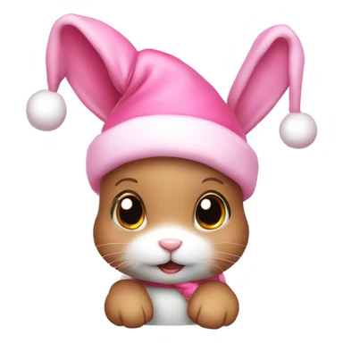 A pink little cute bunny wearing a little cute pink Christmas hat sticker