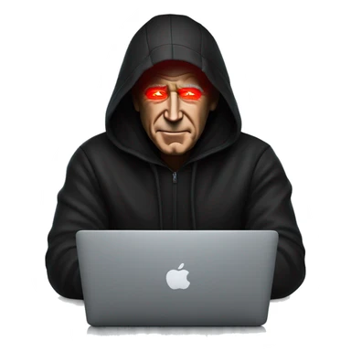 joe biden in a black hoodie with bright red glowing laser eyes typing on a macbook, joe biden, black hoodie, bright red glowing eyes, typing on macbook sticker