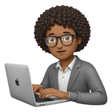 Black man with curly hair and glasses typing on a laptop, emoji style sticker