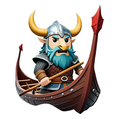 clash-of-clans-aesthetic_-cinematic-viking-longboat, rendered in a flat, bold vector style with minimal shading, featuring a striking dragon-headed prow slicing through icy, churning waters. shields on the side and vikings rowing The longboat’s intricately detailed shields and carved motifs evoke a sense of epic adventure and Nordic might, with billowing sails catching a dramatic, stormy sky backdrop. sticker