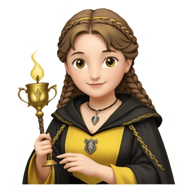 Helga Hufflepuff,the Hogwarts founder of Hufflepuff,brown-haired,2braids,yellow-black medieval dress with black cloak decorated with gold braiding,flickering magic wand and tiny two-handled shiny gold cup engraved with the badger silhouette,very kind smile,curvy busty sweet sticker