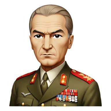Cinematic Realistic Mustafa Kemal Atatürk Portrait Emoji, depicted as a visionary statesman with a determined gaze and period military attire, rendered with rich textures and dynamic historical lighting that captures his transformative leadership. sticker