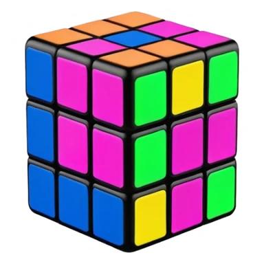 A 3x3 Rubik's Cube with fluorescent colors: glowing green, radiant pink, brilliant blue, luminous yellow, vivid orange, intense purple, minimalist iOS emoji style sticker