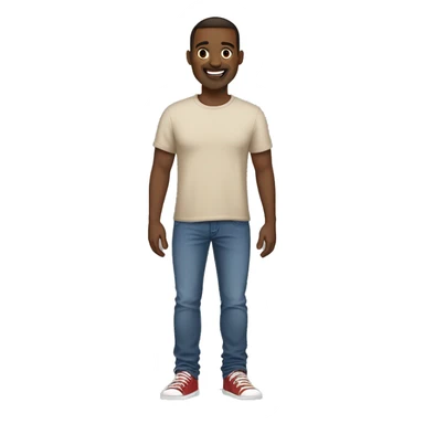 A full-length guy with a European skin type, with blue eyes and dark brown hair, short hair, dressed in an oversized beige T-shirt, with a smile on his face and dark jeans on his feet, red sneakers sticker