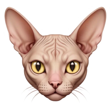 Cinematic Grumpy Sphynx Cat Portrait Emoji, Head tilted slightly with a deeply unimpressed expression, smooth, wrinkled skin with pronounced facial folds giving a permanent look of disapproval, large ears standing tall, piercing eyes narrowed into an unamused glare, Simplified yet comically expressive features, highly detailed, glowing with a dry, sarcastic glow, high shine, effortlessly judgmental yet dignified, stylized with a touch of cynicism, bright but brooding, soft glowing outline, capturing the essence of an eternally unimpressed yet endearing feline, so lifelike it feels like it could sigh heavily at you in disdain at any moment! sticker