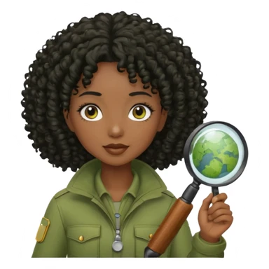 dark skin curly black haired woman in moss green explorer outfit, holding magnifying glass sticker
