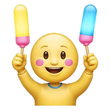 An excited yellow emoji face with closed smiling eyes and blushing cheeks, cheering enthusiastically while holding up two glow sticks (one blue, one pink). It represents high energy, fandom, and celebration. sticker