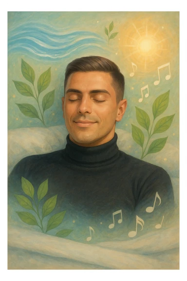 Un uomo sdraiato su un letto o una superficie fluttuante, con un'espressione serena e gli occhi chiusi. Attorno a lui, proiettate dalla sua mente, si materializzano immagini vivide di benessere e armonia: sticker