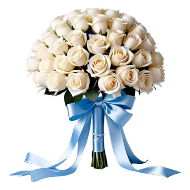 Against a soft, misty blue satin backdrop, a luxurious bouquet of powder blue and ivory roses is elegantly tied with a wide, flowing pearl-white silk ribbon that cascades gently onto the surface. Floating gracefully above the bouquet, a cluster of metallic pearl balloons in shades of silver-blue and soft champagne reflects the ambient light, casting a delicate shimmer. A few loose rose petals rest on the fabric and light blue background  sticker