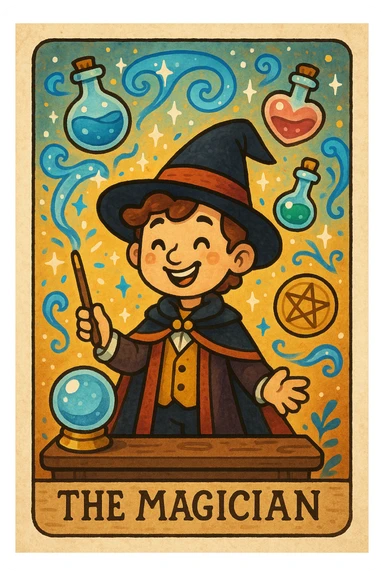 the magician tarot card, whimsical cartoon style, smiling magician, floating magical objects, playful atmosphere sticker