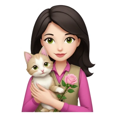 Make me an iphone avatar sticker of a woman with slightly brown black wavelength hair, dark brown eyes, slightly yellow white skin, pink lips, brown clothes and cream vest with a rose flower motif who is smiling and hugging a white kitten with green eyes. sticker