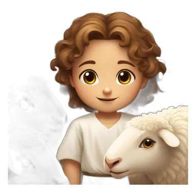animated jesus child 3 year old boy honey colored eyes abundant wavy brown hair white tunic tender and loving and happy playing with sheep sticker