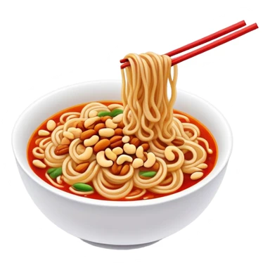 Chongqing Xiaomian spicy noodles with red oil and peanuts, simplified emoji style with bold outlines and bright colors, cartoon style Sichuan street food sticker