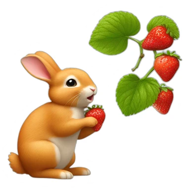 A little ginger bunny reaching up on its hind legs and eating a strawberry off a small branch sticker