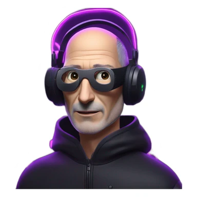 Steve Jobs wearing a black hoodie with "OMG" letters on it and VR headset in a cyberpunk VR environment with violet neon lighting. sticker