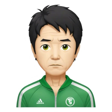 Seong Gi-hun : age 60, slim man with messy, unkempt black hair, Green player tracksuit,  sticker