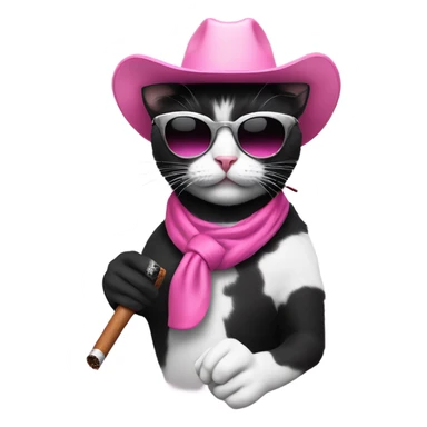 Black and white cat with a pink cowboy hat and silver sunglasses smoking a cig sticker