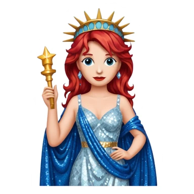 Lady Liberty from Film Studios with red wavy hair, white sequin gown, blue sequin drape sticker