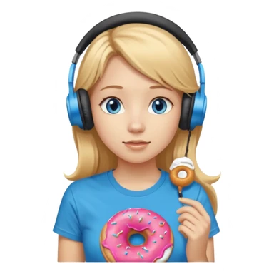 una ragazza dall‘ età di 19 anni con capelli biondi miele lunghi ,  occhi celesti,  con addosso una maglietta con una ciambella e le cuffie ascoltando violetta sticker