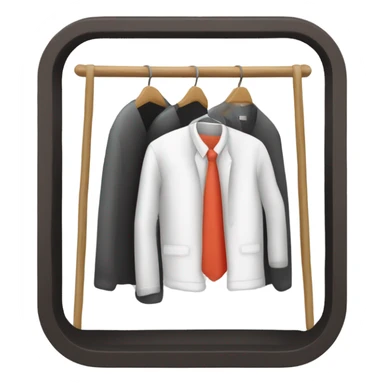 Design an emoji-style icon of an open wardrobe with clothes hanging inside. Include details like a wooden frame, hangers, and only black or white different clothing items such as shirts or any other clothing . Use a clean and minimalistic design. sticker