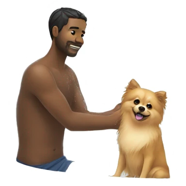 A man washes in the shower with a Pomeranian dog sticker