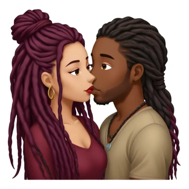 Dark Wine colored hair Latina long hair, kissing young black guy with dreads sticker
