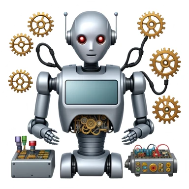 An icon featuring a humanoid robot assembling parts with robotic arms, surrounded by gears, circuit boards, and sensors, symbolizing robotics. The design includes a control panel and AI interface, representing automation, engineering, and innovation. Transparent background. sticker
