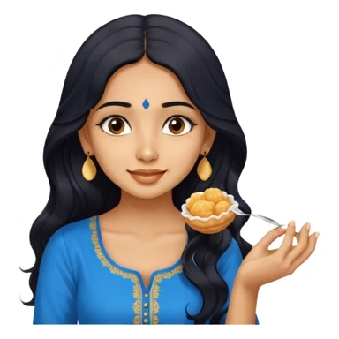 a pretty tan indian bratz girl with wavy long BLACK hair. eyeliner on, wearing a blue kurti, eating golgappa. NO SPOON sticker