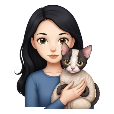 A girl with long black hair holding a Devon cat sticker