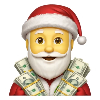 A festive 3D emoji style yellow smiley face wearing a Santa hat, surrounded by stacks of cash and dollar bills, joyful expression, Christmas and New Year theme, high quality, clean design, studio lighting, no text, no background, isolated object, transparent background, emojis.com style sticker
