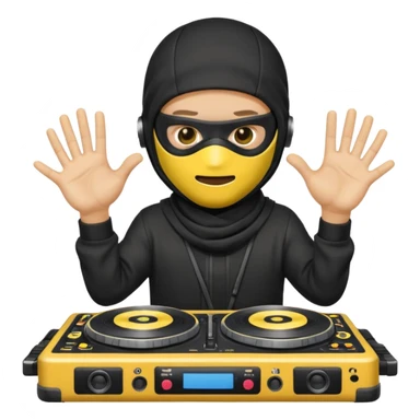 Make a customized yellow head emoji with hands and holding a dj turn table  in a  ninja face mask sticker