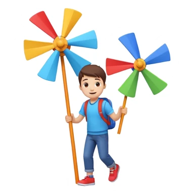 cute boy carrying a toy windmill backpack, colorful windmill spinning on the back, happy expression, casual outfit, 3D cartoon, mobile game icon style, clean background, no text, no watermark
 sticker