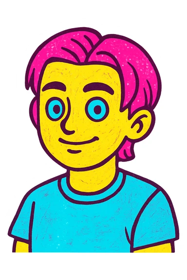 Create a smooth transitional animation between the two images, starting from a photorealistic portrait style and gradually shifting to a pop-art style with brighter colors and thicker outlines, then approaching a cartoonish style. sticker