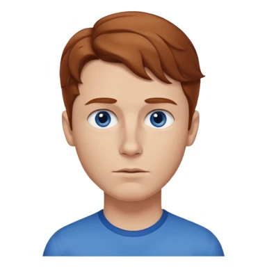 Please generate a portrait of a boy. He has light brown to reddish-brown wavy hair, a right side parting, slightly longer sideburns, blue eyes, a snub nose, and a somewhat pronounced pout. sticker