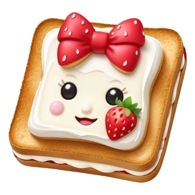 square toast topped with fluffy white cream, decorated with a strawberry bow made from two strawberry center, bright red and glossy sticker