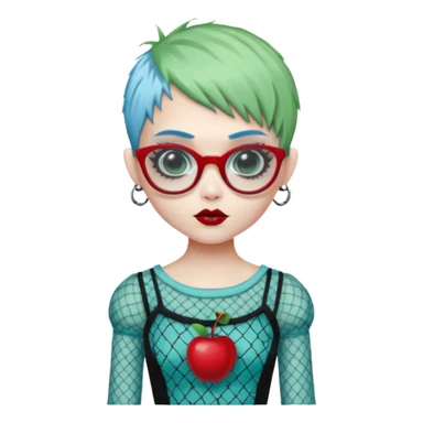 Ghoulia yelps monster high doll in scene/emo style cherry print dress with fishnet sleeves, clothes, thin, small, red, rectangle glasses, pale white-blue skin, pale-green pixie-cut, zombie scars , boy sticker
