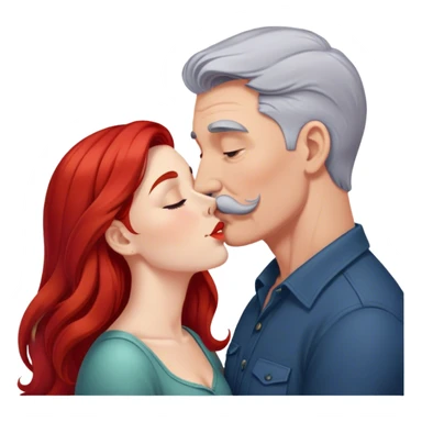 Long red hair woman kissing man with short gray hair and mustache sticker