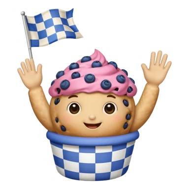blueberry muffin with arms waving a checkered race flag sticker