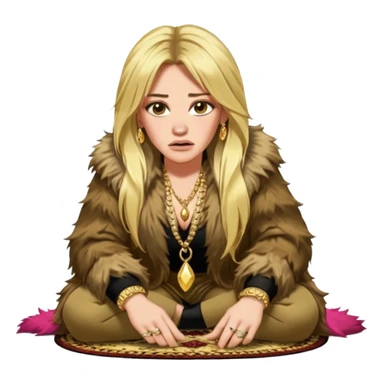 Cinematic Realistic Ultra HD -  Angry, High Nose - Glamour, Plunging Neck Hilary Duff Extreme Long Long Hairstyle in Shaggy Fur Coat with Gold Flash - Crouching on Kashmir Carpet sticker
