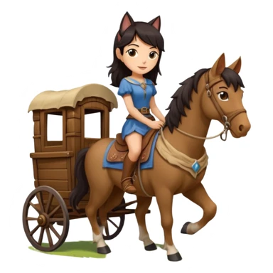  Rustic wood detailed 1854 driving and pretty dark-haired Catgirl riding a huge horse drawn Caravan alone together on a romantic trail in the woods  sticker