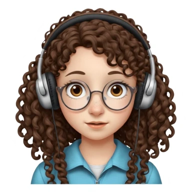 brunette kid with unique face features and very curly long hair kid girl neutral and very big nose and ears and dark eyes with freckles kind of nerd looking and headphone wearing sticker