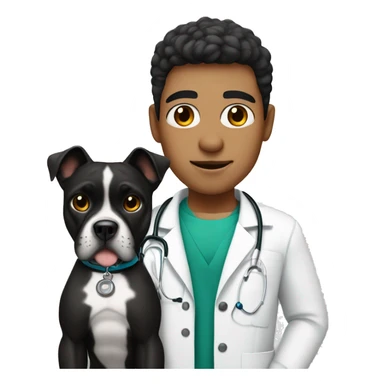 Young Mexican doctor with big black boxer dog with white face sticker