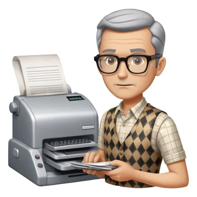 Hair: Salt-and-pepper comb-over with precise part Face: Deep nasolabial folds, thin rectangular glasses Clothes: Checkered vest over short-sleeved dress shirt Action: Slamming vintage fax machine with muttered curses sticker