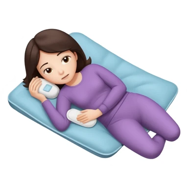  a brunette girl lying down on her side, holding a warm heating pad against her lower belly. She's uncomfortable and sad, her posture should show she’s having menstrual cramps. Use simple lines, rounded shapes, soft colors, and a clean emoji aesthetic. Make it expressive but still adorable sticker