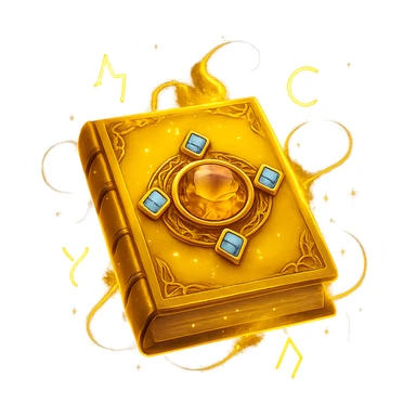 Make the mystic yellow book even more mystical in the style of apple emojis. Add a glowing magical aura, floating runes, swirling sparkles, and mysterious energy around the book. Keep no background. sticker