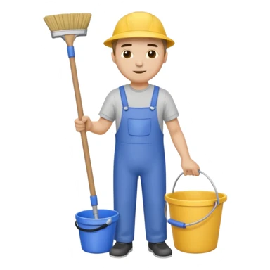 ligth man in cleaning clothes, holding a broom and a bucket sticker