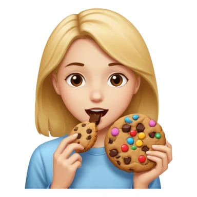 Girl eating a cookie thats bit into sticker
