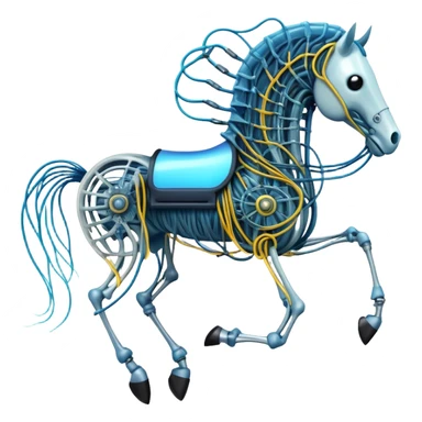 A high-tech horse made of electric wires and cables with rubber scales that reveal its electric skeleton, possessing both jellyfish-like tendrils and the ability to generate electrical pulses that illuminate the ocean depths. sticker